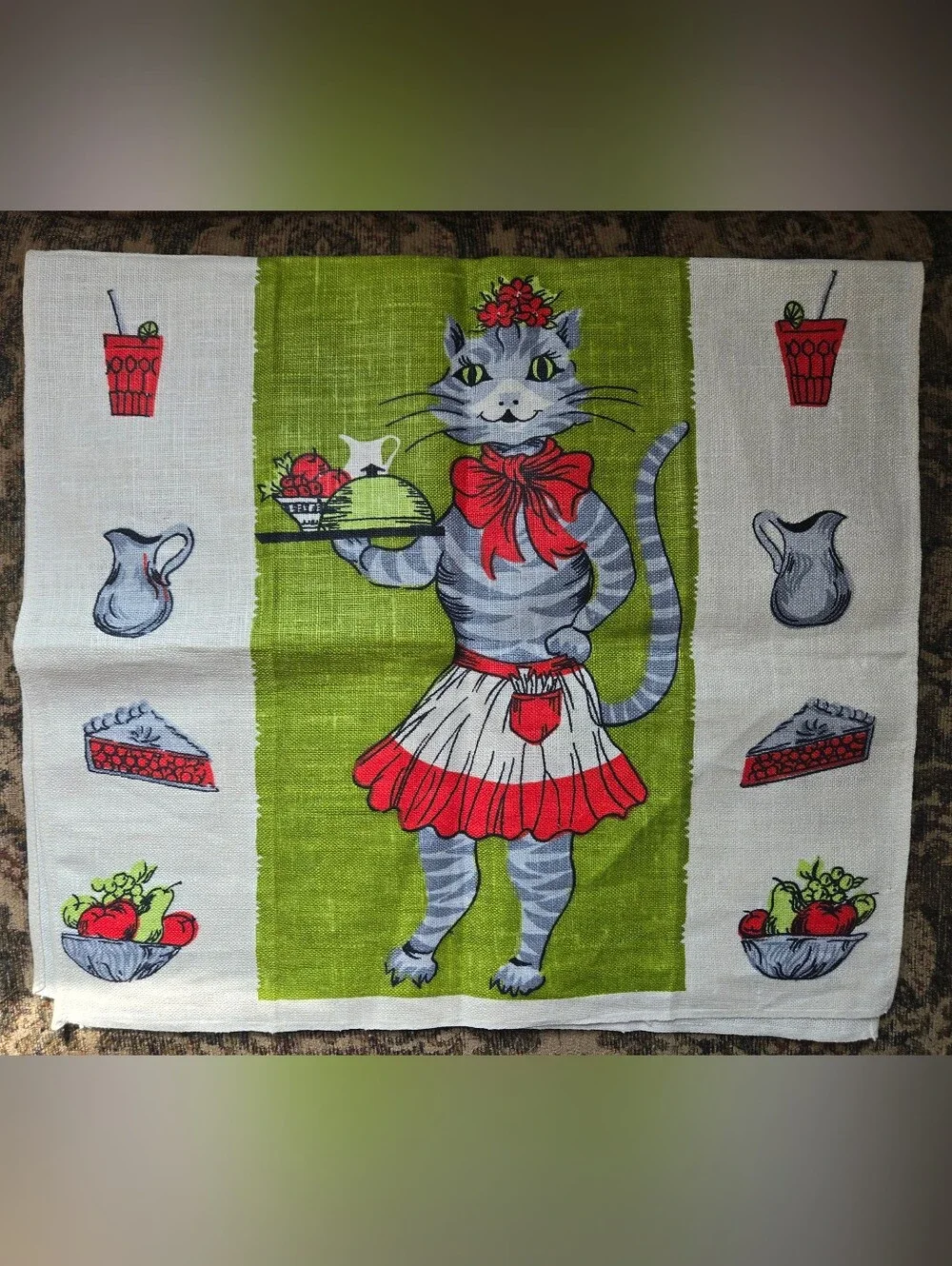 Vintage Pure Linen Parisian Prints Tea Towel Anthropomorphic Cat Waitress 70s